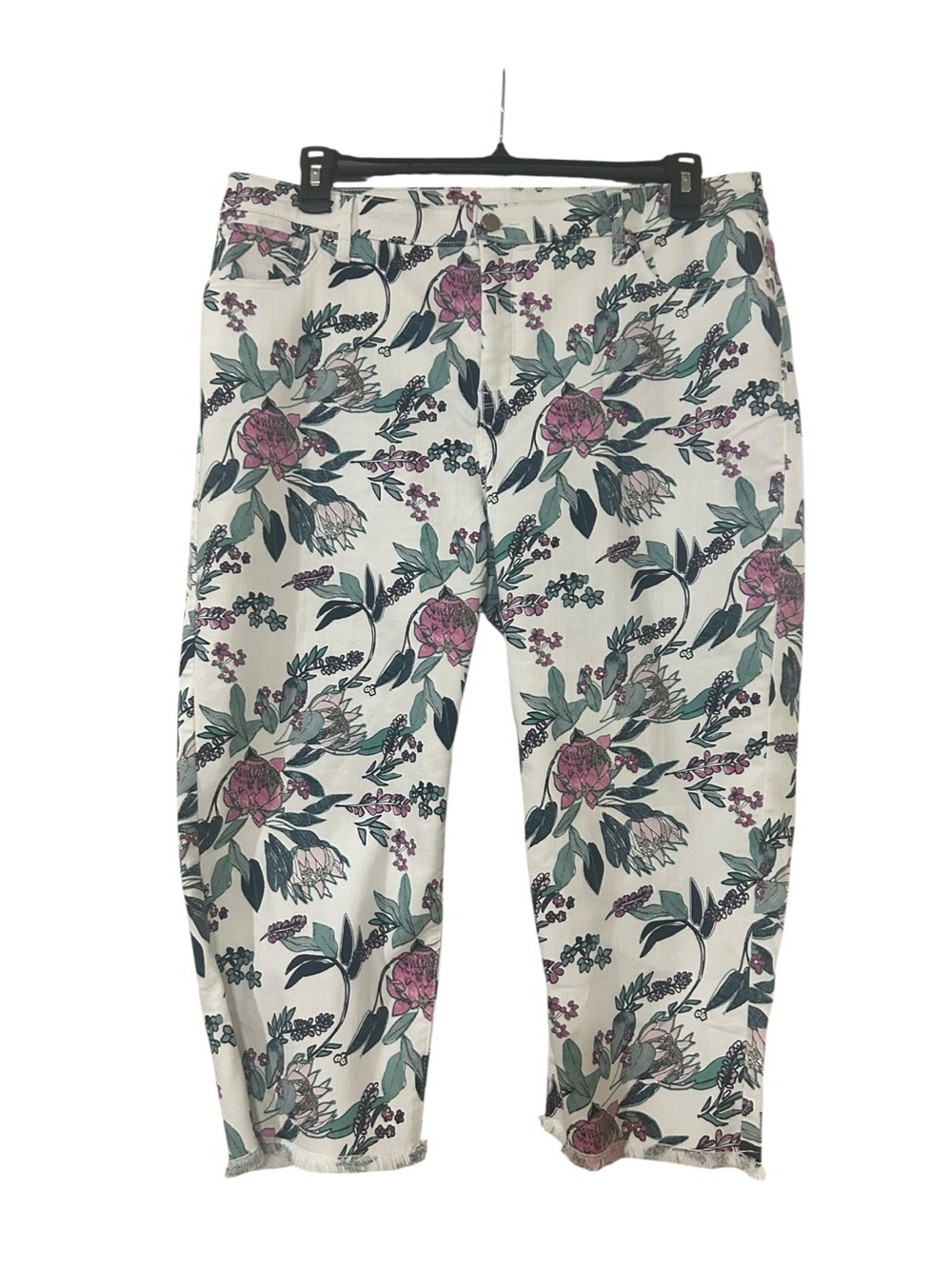NWOT Chico's White Floral Cropped Jeans with Purple & Green Print